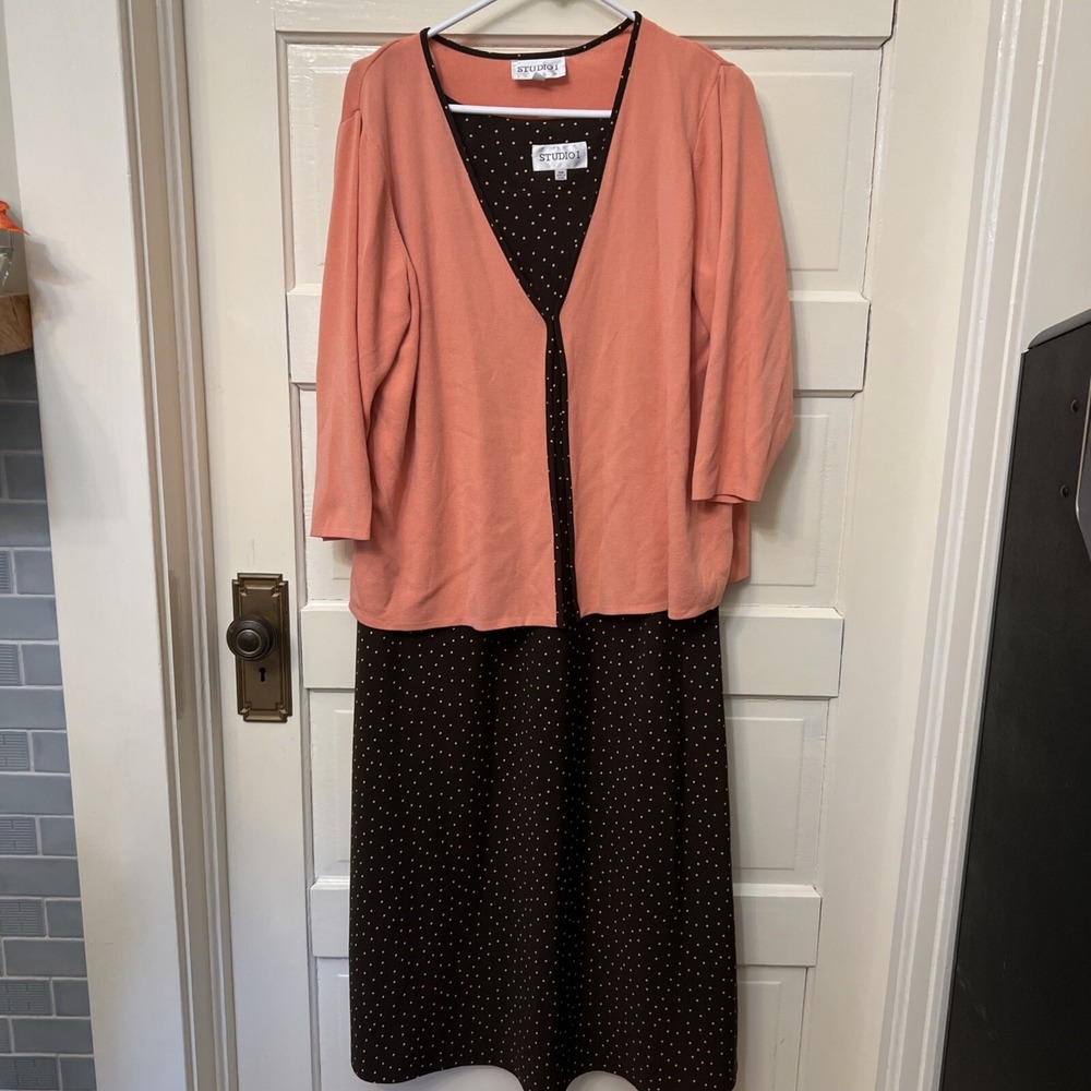 Vintage Womens Dress Suit Studio 1 Brown Polka Dot Midi Dress & Jacket Sz 14W